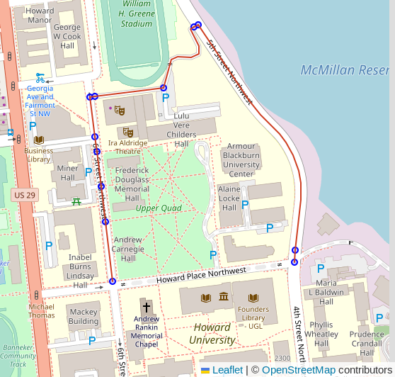 Screenshot from DBeaver showing the route generated with all roads and limiting based on route_motor and using the improved cost model including forward and reverse costs. The route bypasses the road(s) marked access=no and access=private, as well as respects the one-way access controls.