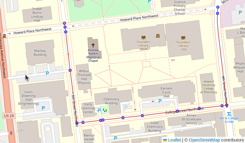 Screenshot from DBeaver showing the route generated with all roads and limiting based on route_motor. The route bypasses the road(s) marked access=no and access=private.