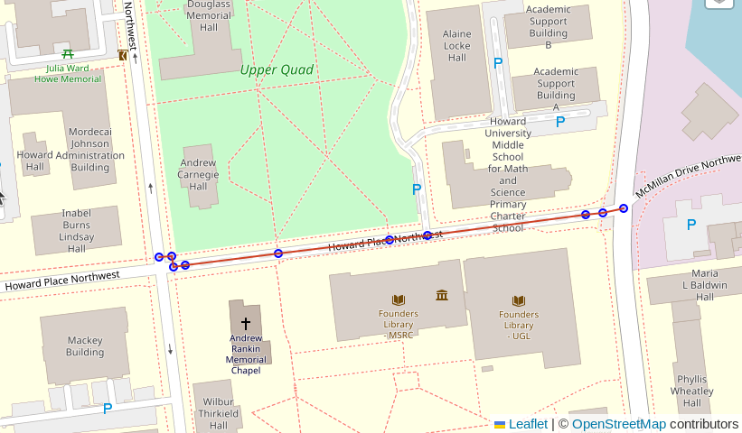Screenshot from DBeaver showing the route generated with all roads and no access control. The route is direct, traversing the road marked access=private.