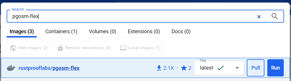 Screenshot showing the Image Search for pgosm-flex from Docker Hub