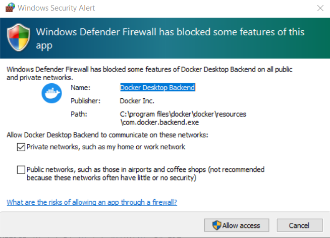 Screenshot showing the Windows Defender dialog asking about opening ports in the Firewall, which requires Admin permissions.  Most users will click cancel.